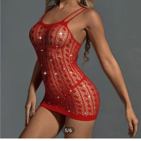Red Bodycon Dress with Rhinestones - Picture 10 of 14